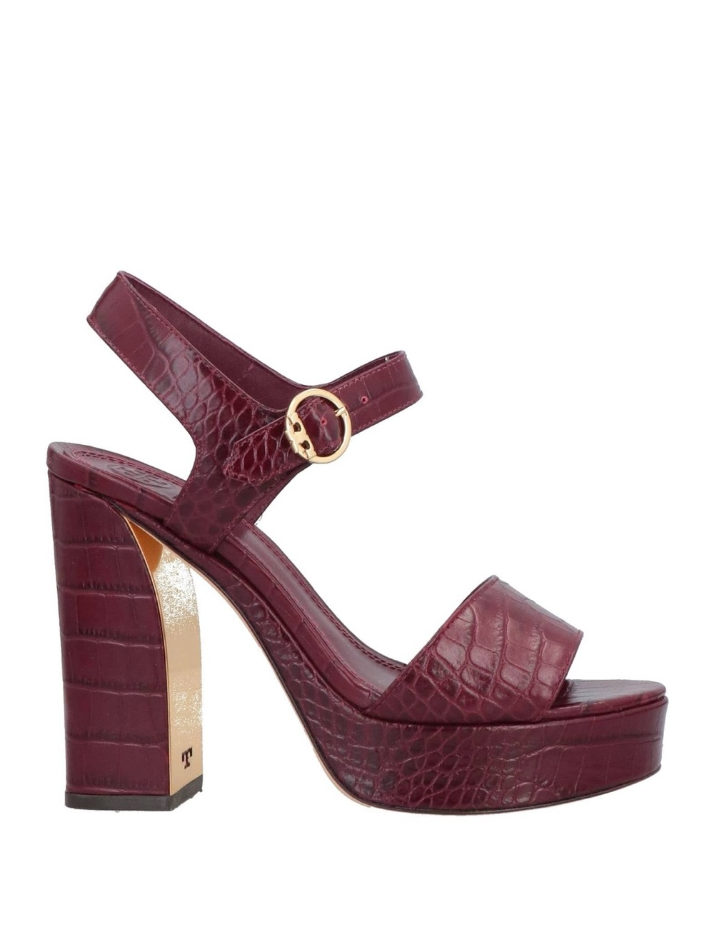 Tory Burch Burgundy Croc-Embossed Platform Sandal with Gold Buckle